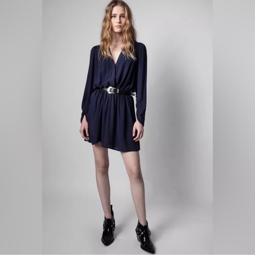 Zadig & Voltaire women Faux Wrap Short Mini Dress Small Navy Reveal Viscose $498